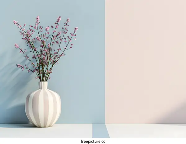 Pink Flowers in Striped Vase on Blue and Pink Wall