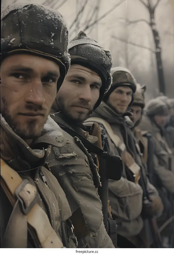 A group of soldiers wearing winter gear and standing in a snowy forest