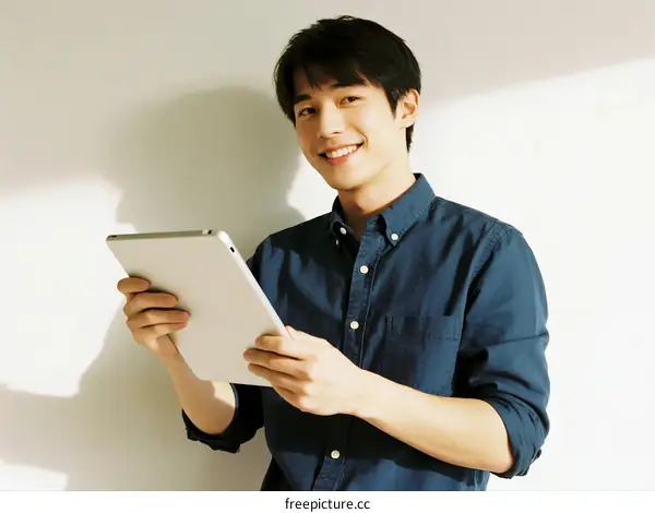 Young man holding a tablet and smiling brightly