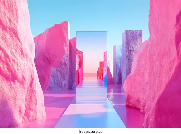 Abstract 3D Surreal Pink Landscape with  Glass Mirror Pathway
