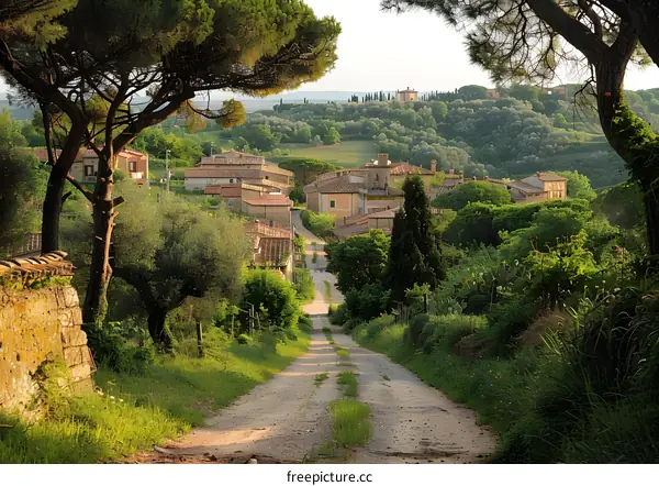 Dirt Road Leading to a Small Italian Village