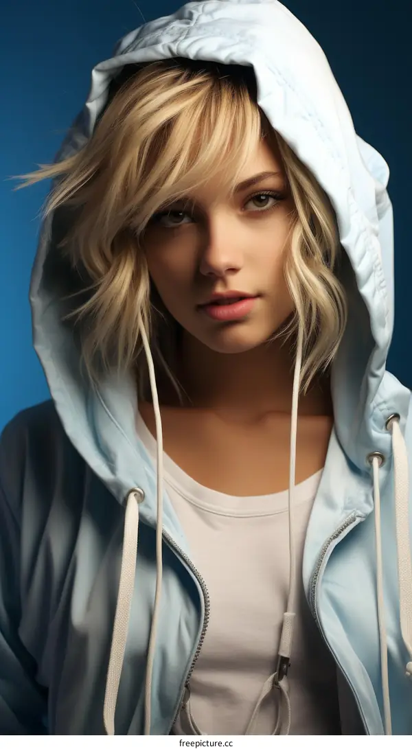 Portrait of a young blonde woman in a blue hoodie