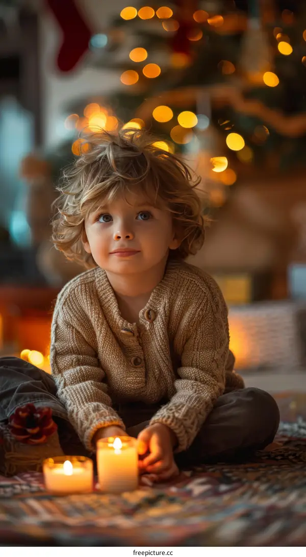 Little boy sitting on the floor in front of a Christmas tree