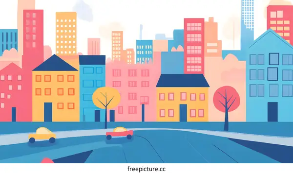 Colorful Cityscape Illustration With Buildings And Cars