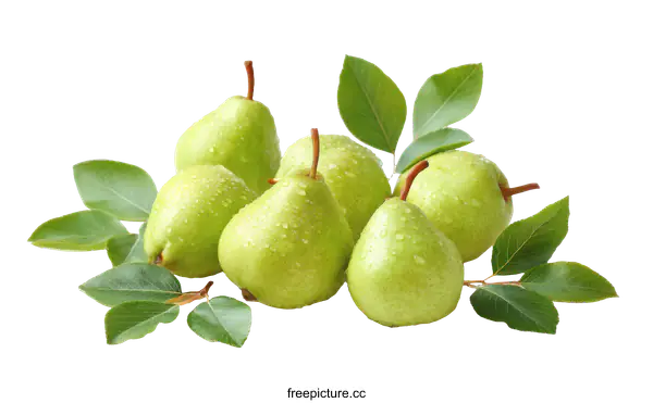 [Transparent Background PNG]Fresh Green Pears with Leaves