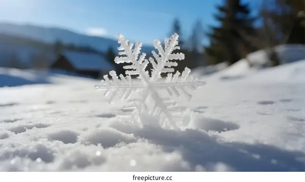 A close-up of a delicate white snowflake on snow-covered ground