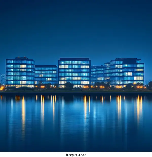Modern Office Buildings at Night by the River