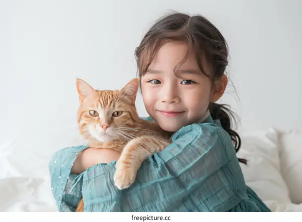 Asian girl hugging an orange cat