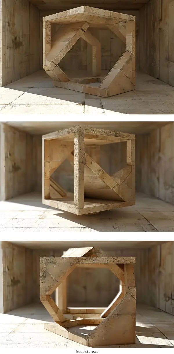 Abstract 3D Wooden Structure Inside a Concrete Room