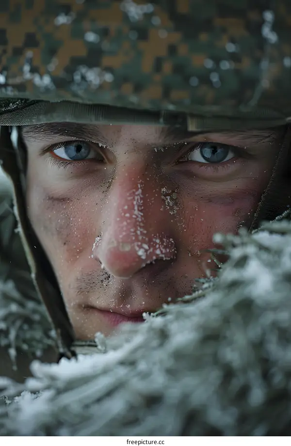 A U.S. Marine Corpsman takes cover in the snow during a training exercise.