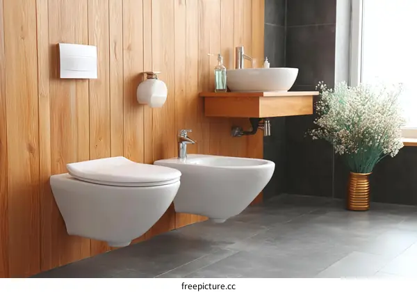 Modern Bathroom with Wooden Accents