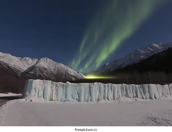 Aurora Borealis Over Ice Wall In Alaska