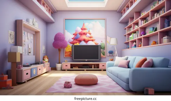 A cozy living room with a large pink sofa, a television, and a pink fluffy rug on the floor.