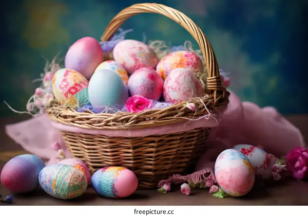 Beautiful Wicker Basket of Easter Eggs with Delicate Pink Flowers