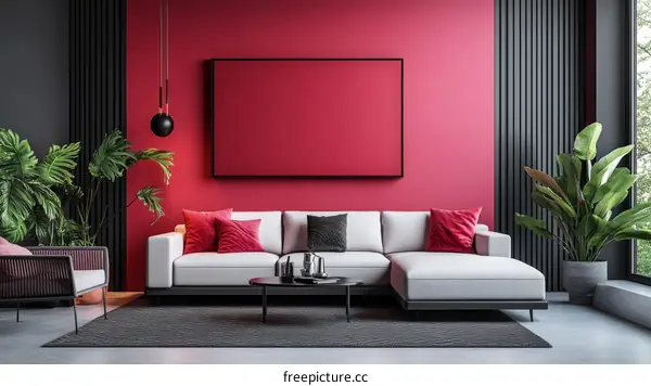 Modern Living Room with Red Accent Wall