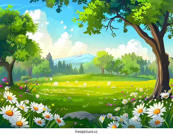 Green Grass Field With Blue Sky And White Clouds