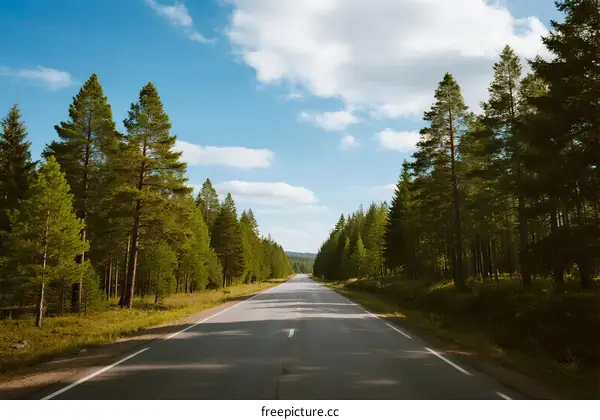 A scenic road surrounded by lush green pine trees under a clear blue sky