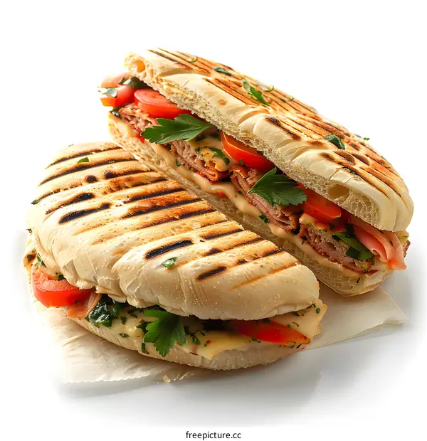 Two grilled panini sandwiches on white background