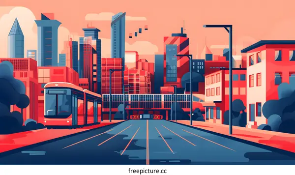 Modern Cityscape with Tram and Buildings Illustration