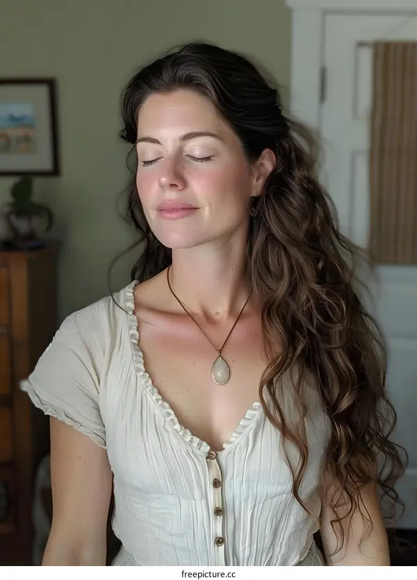 Woman With Long Hair Wearing A White Shirt And A Necklace With A Gemstone