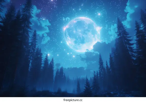 The full moon rises over a dark forest