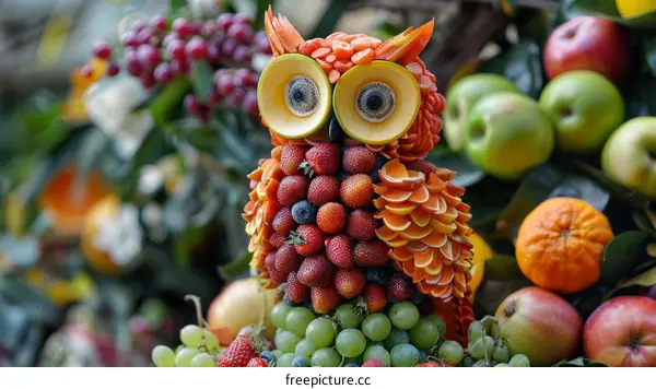 Amazing fruit owl sculpture made entirely of fresh fruits
