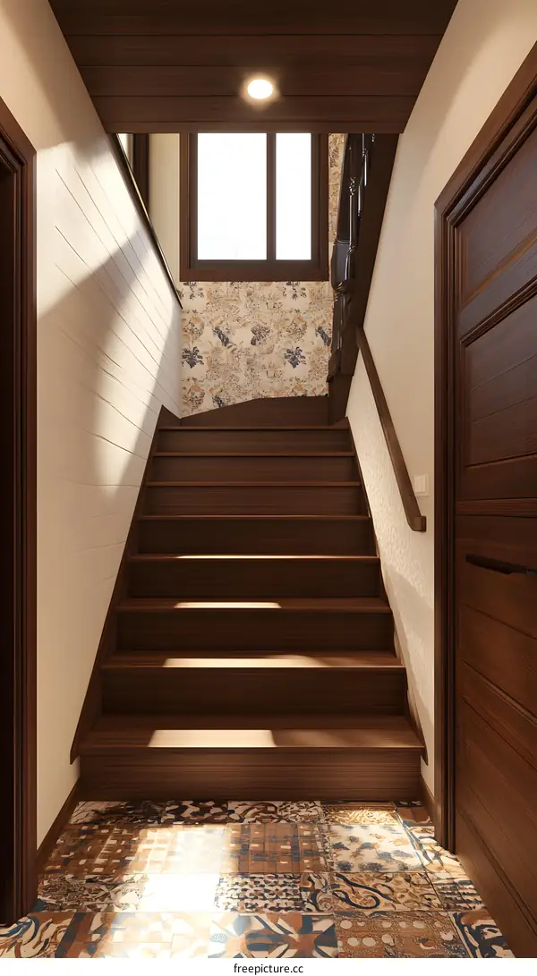 Interior Design with Wooden Stairs and Patterned Floor