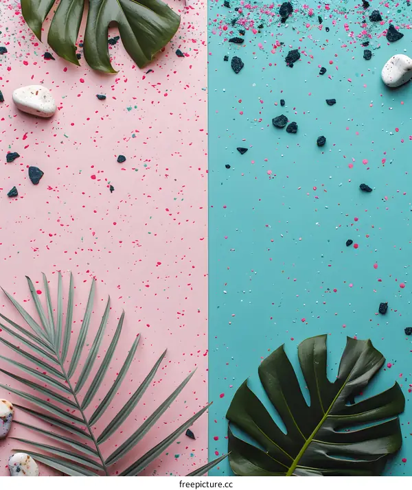 Pink and Blue Background with Tropical Leaves