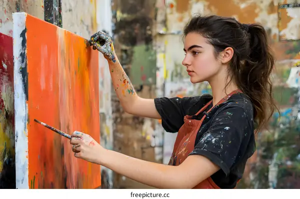 Young Woman Artist Painting in Studio with Orange Canvas