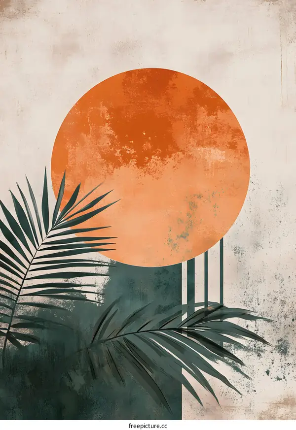 Abstract Minimalist Art with Palm Leaves and Sunset