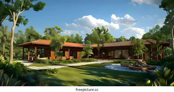 Modern Wooden House in Tropical Garden with Sky View