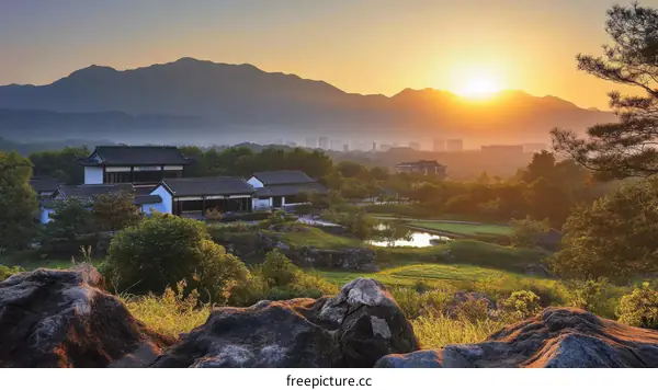 Sunrise over Traditional Chinese Architecture Landscape
