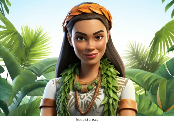 An illustration of a young woman of Polynesian ethnicity, with long, dark hair, wearing a white shirt and a necklace of flowers and leaves.