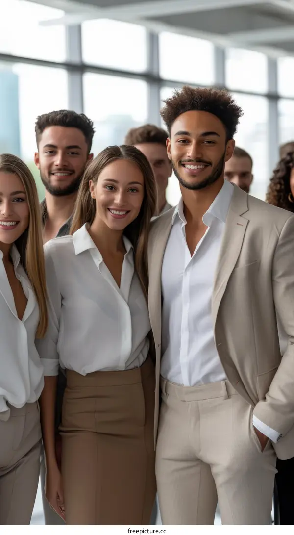 Group of smiling business professionals in a modern office