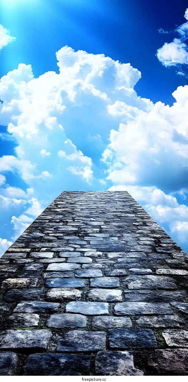 Cobblestone Path Leading to the Sky with Clouds