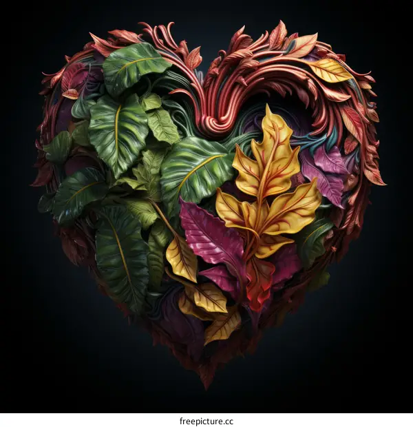Colorful leaves forming a heart shape