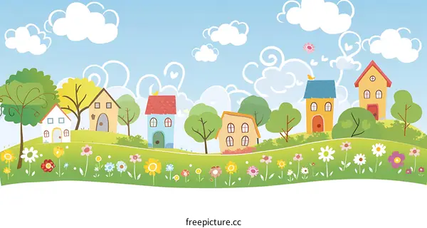Cartoon Illustration of a Colorful Village with Houses and Flowers