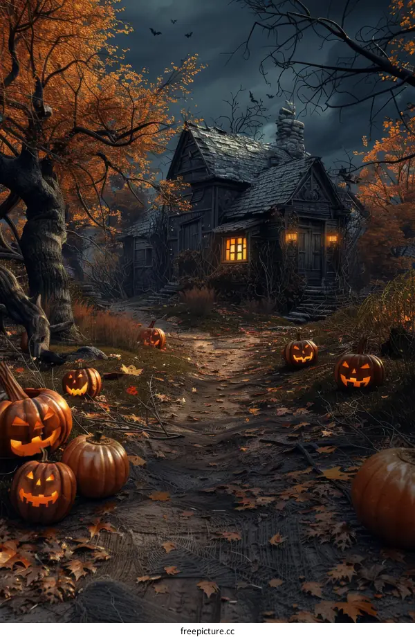 Spooky Halloween Pumpkin Cottage in the Forest