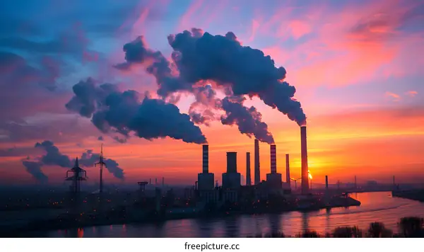 factory air pollution at sunset