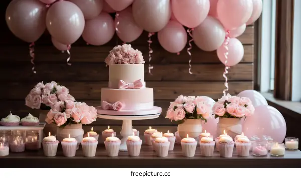Elegant Pink Birthday Party Decoration with Two-Tier Cake and Roses