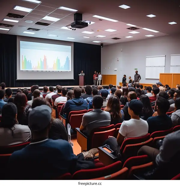 A group of diverse students sitting in a college lecture hall listening to a presentation