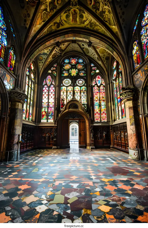 Stained Glass Windows in a Church Interior