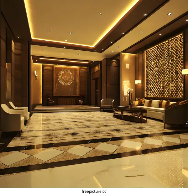 Modern Interior Design with Golden Decor and a Large Wall Ornament