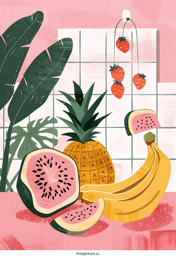 Summer Fruit Still Life Illustration with Watermelon, Pineapple, Banana and Strawberries