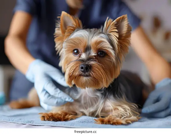 Yorkshire Terrier Being Examined by Veterinarian