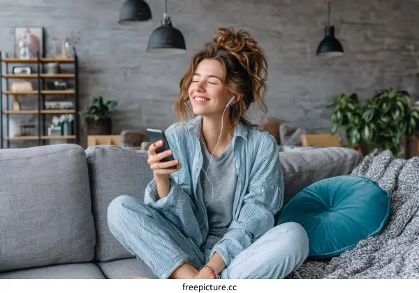 Young Woman Relaxing on Sofa Listening to Music