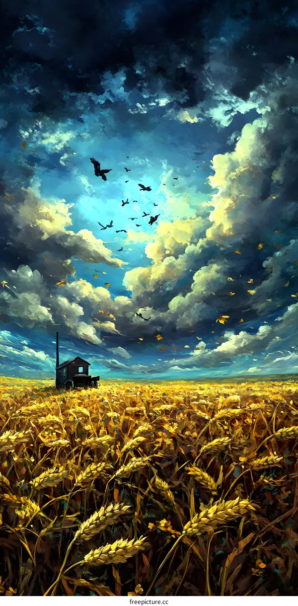 A lonely house in a wheat field under a cloudy sky