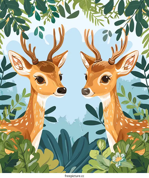 Two Cute Deers Looking at Each Other in the Forest