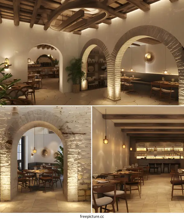 Modern Restaurant Interior Design with Arched Entryways and Wooden Beams