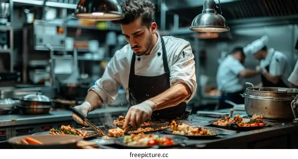 A chef is preparing a dish in a restaurant kitchen